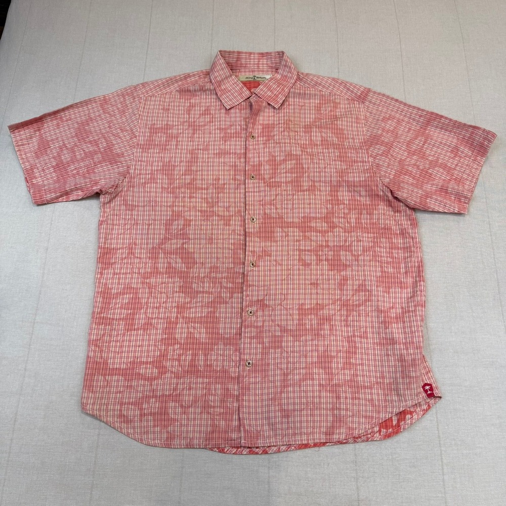 Tommy Bahama | Button Down Shirt Pink Plaid Floral Cotton/Silk‎ Blend | Men's M
